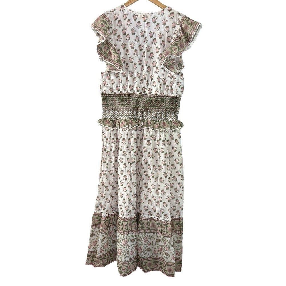 Rebellion Again Floral Smocked Tassel V Neck Tie Tiered Midi Dress Size Large - Picture 6 of 6